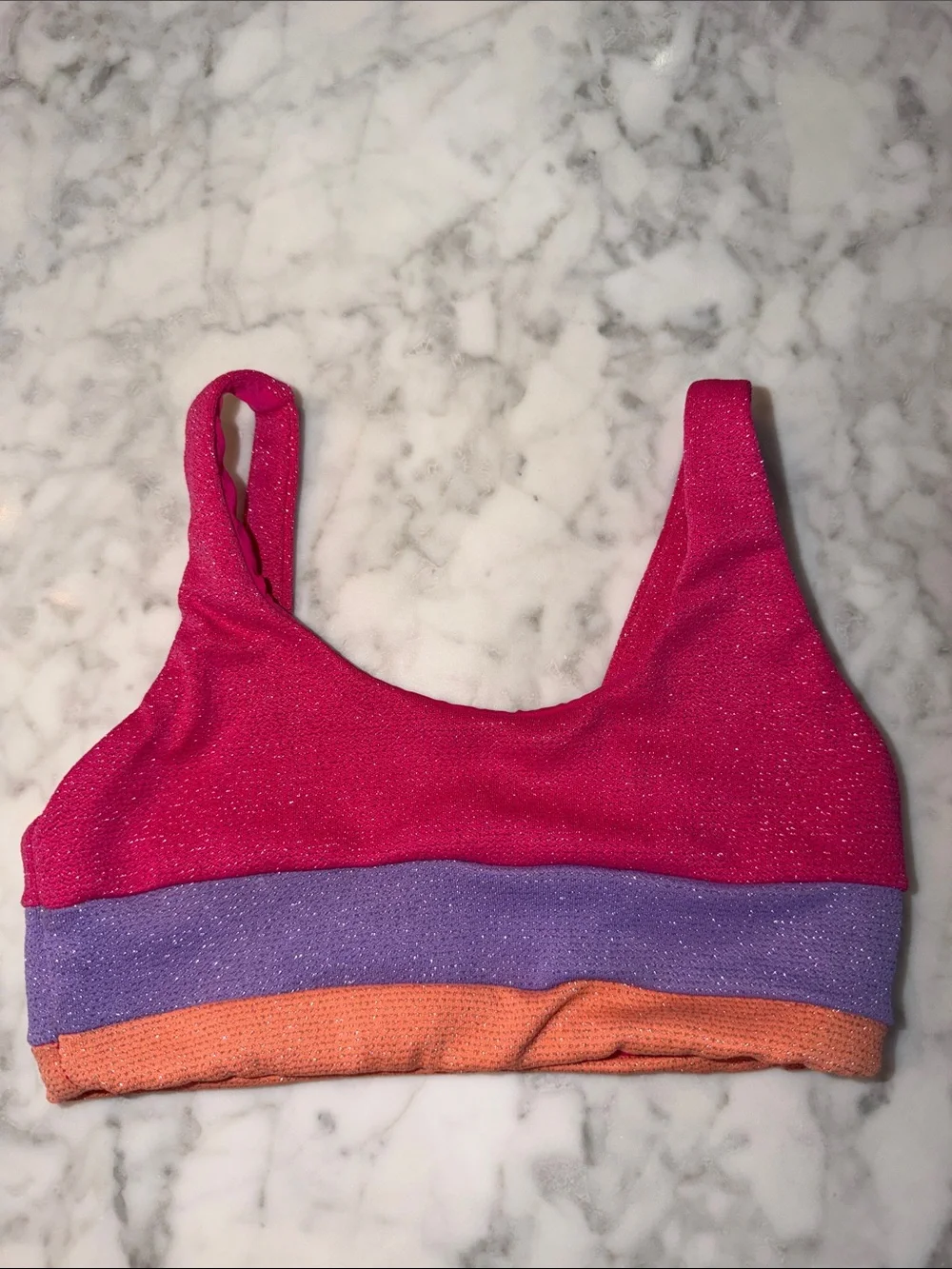 Beach Riot Girls Glitter Pink Two-Piece Bikini with Purple and Orange Bands 3/4Y